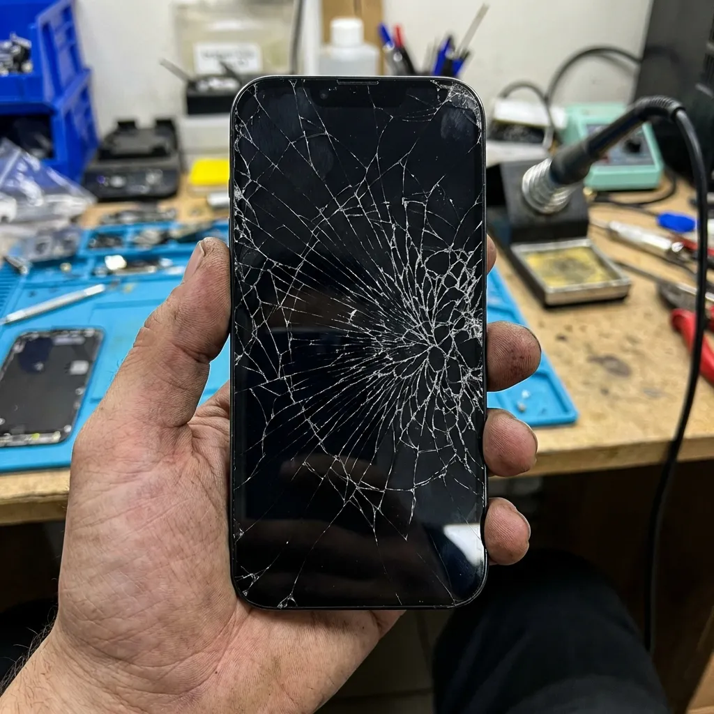 iPhone com tela quebrada antes do reparo